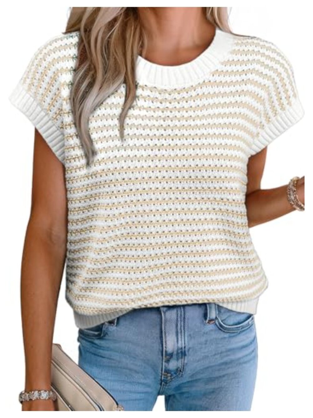 Women's Striped Cap Sleeve Sweater Vest Round Neck Ribbed Knit Tank Top